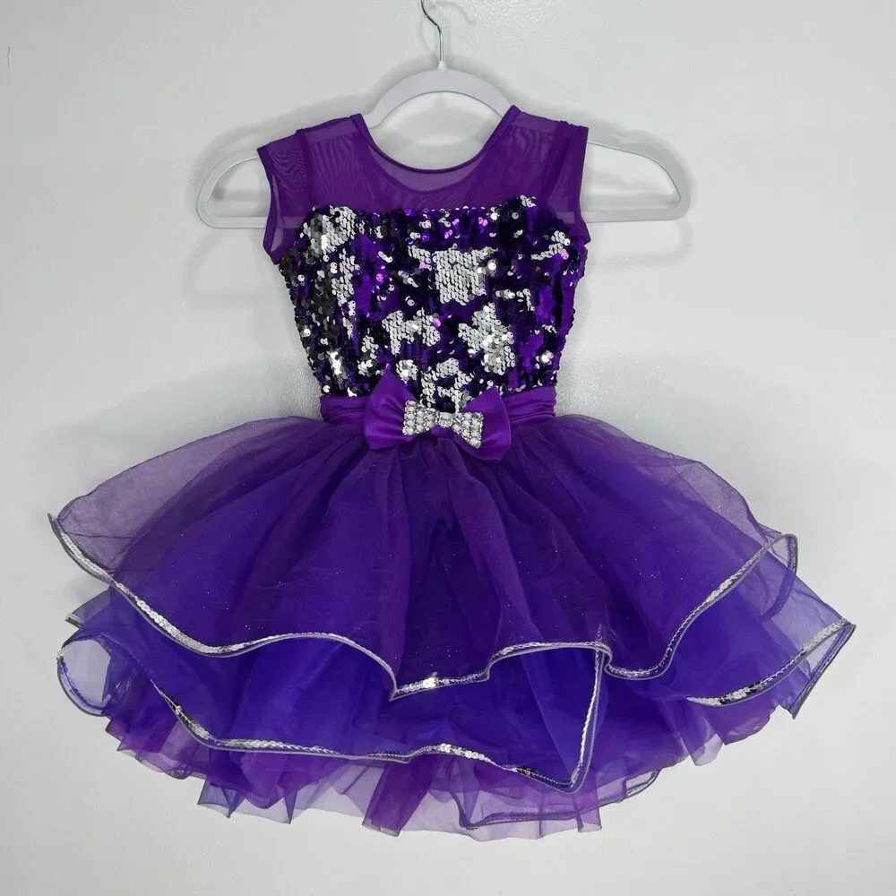 Weissman Dance Costume IC Sequins Jewel Curly Hem Tricot Skirt Bow Purple